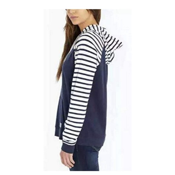 Orvis Navy Stripe Raglan Sleeve Hooded Pullover Cozy Hoodie Size Large - Picture 3 of 11